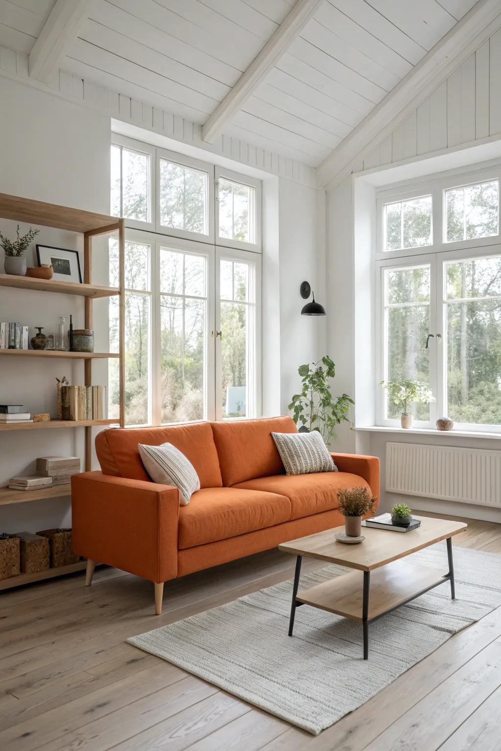 A serene Scandinavian living room where an orange couch adds a splash of color.