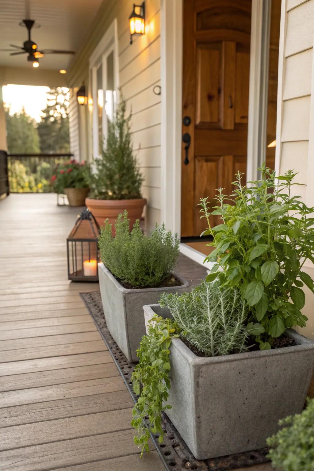 Herb planters add greenery and fragrance to the fall porch.