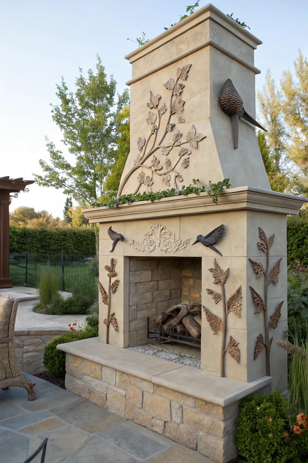 Whimsical nature-inspired sculptures adorning the mantel.