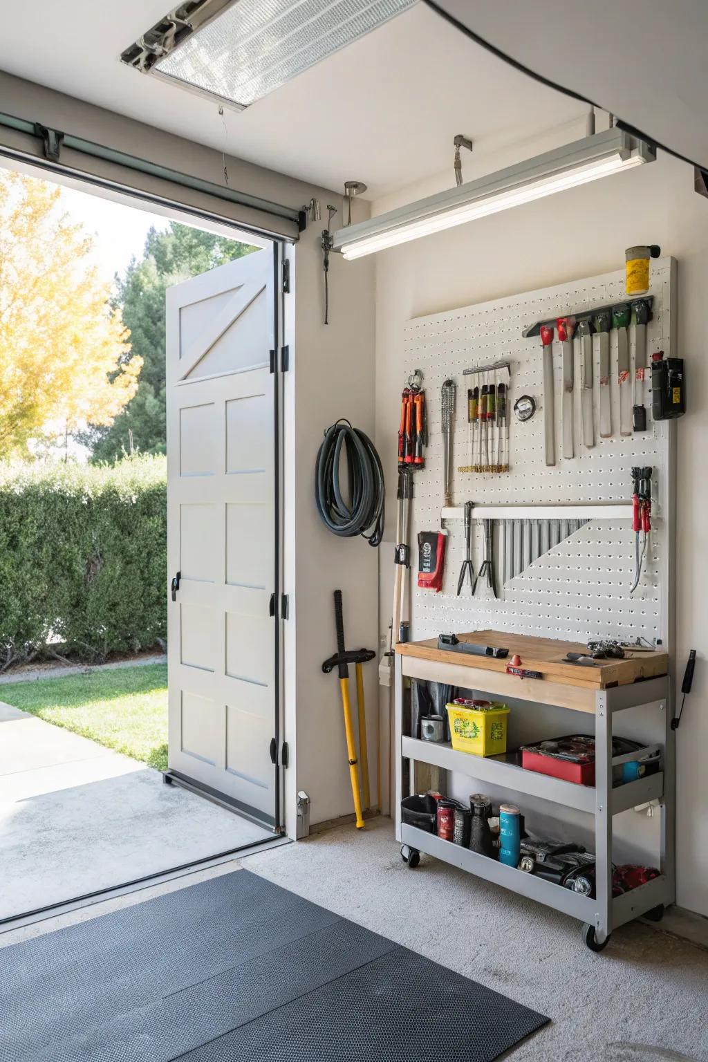 Keep tools organized with a garage door-mounted rack.