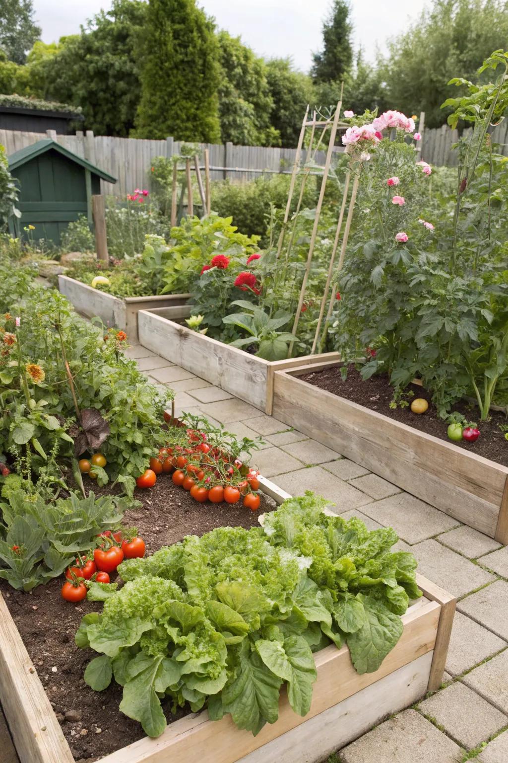 A vegetable patch offers fresh produce and garden-to-table satisfaction.