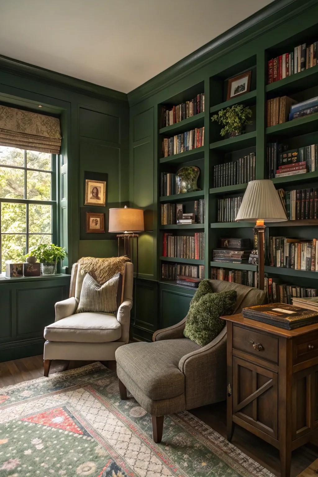 Forest green walls create a lush and inviting retreat in this reading nook.