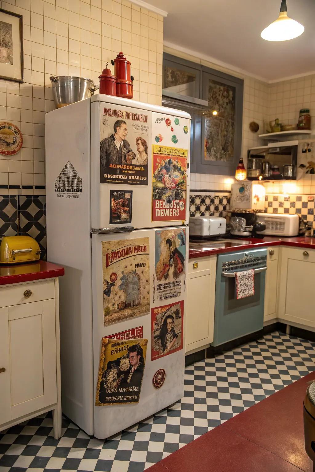 A poster collage adds retro flair to your kitchen design.