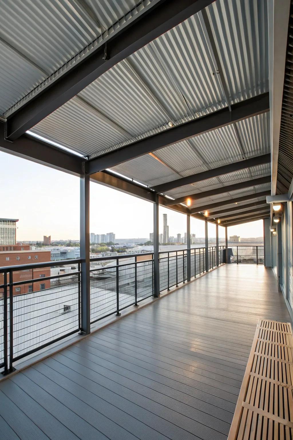 An edgy deck with corrugated metal roofing, offering durability and a modern aesthetic.