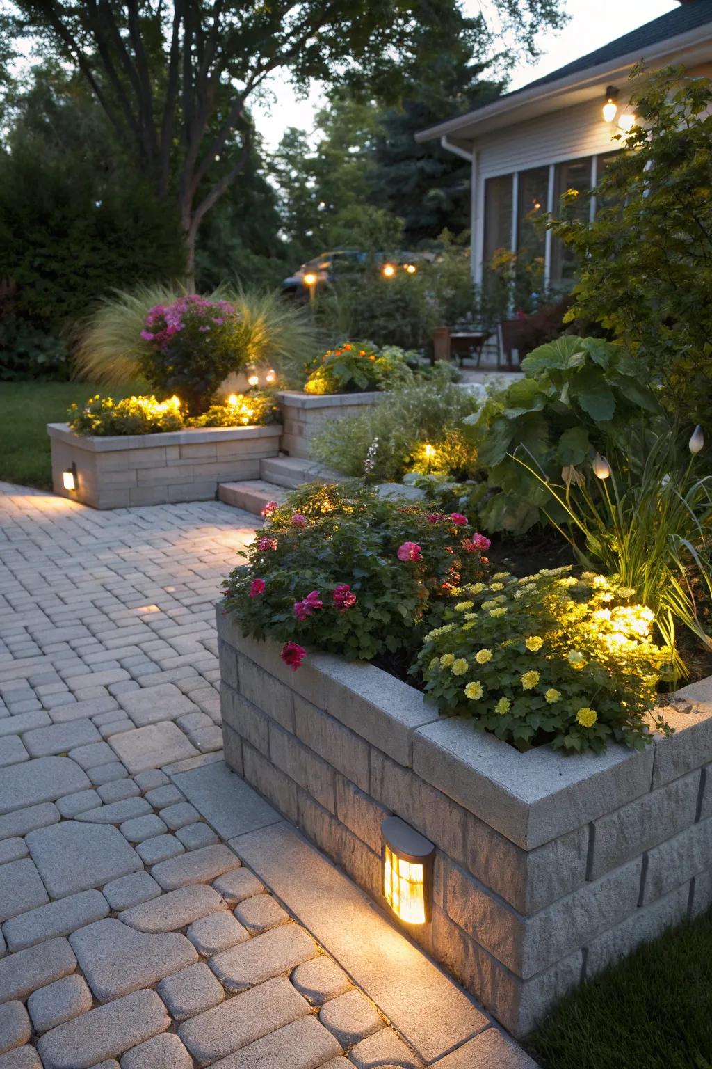 Subtle lighting in paver planters enhances evening ambiance.