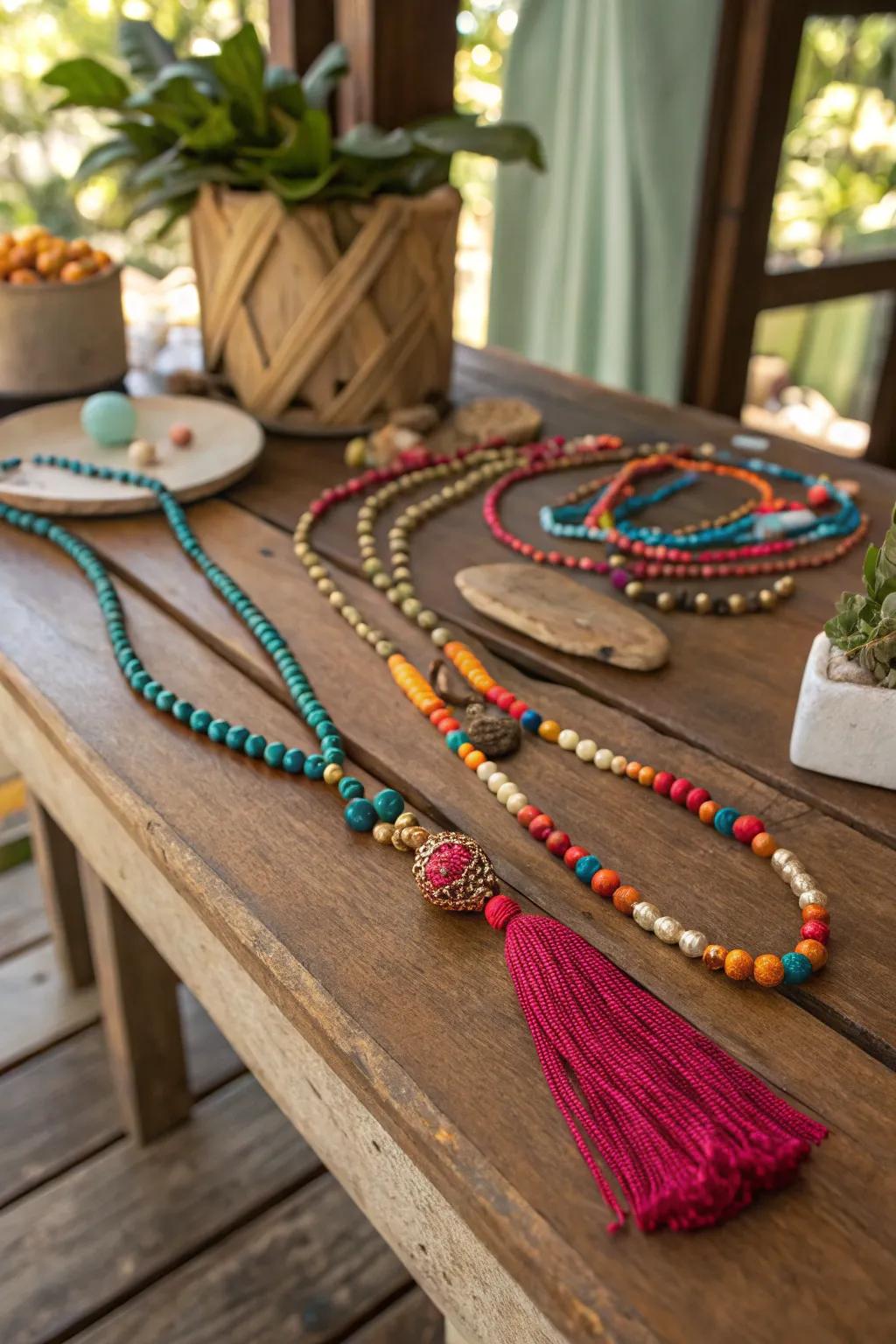 Express your bohemian spirit with eclectic beaded necklaces.