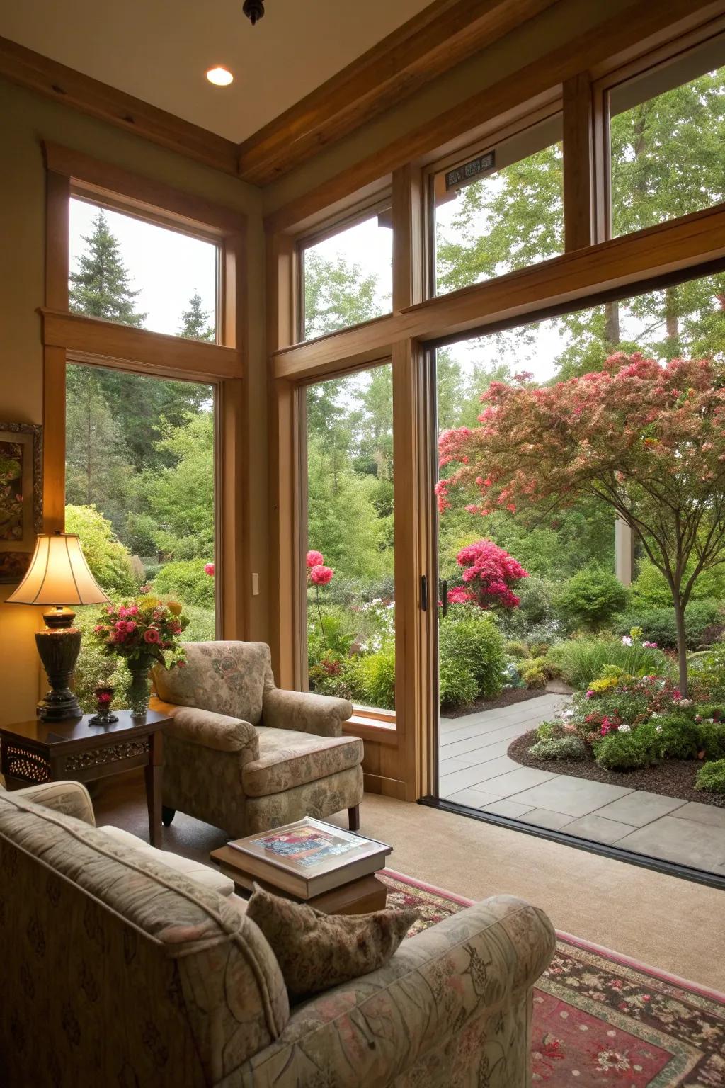 Living area with picture windows creating a seamless connection to the garden.