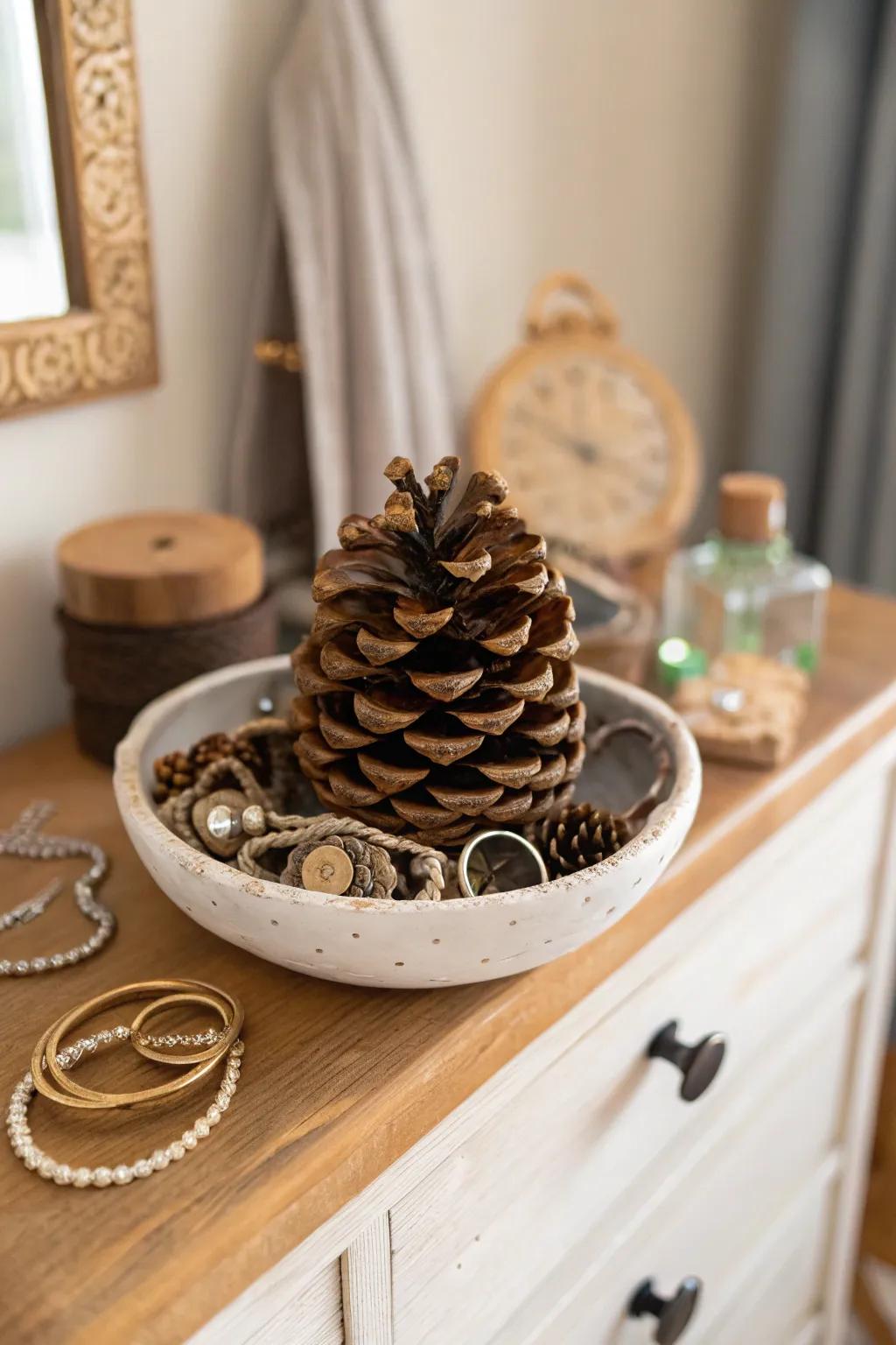 Keep your jewelry organized with a pine cone dish.