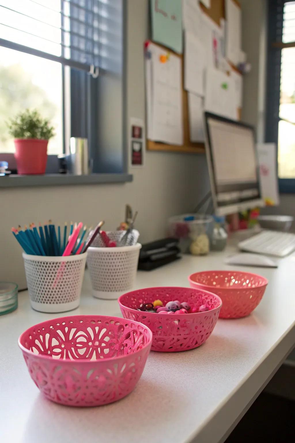 Pink decorative bowls add elegance and organization to your desk.