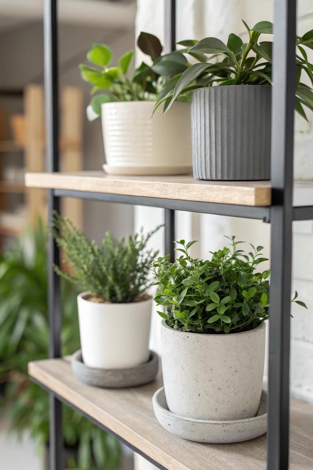 A minimalist plant shelf with elegant pots for a classic look.