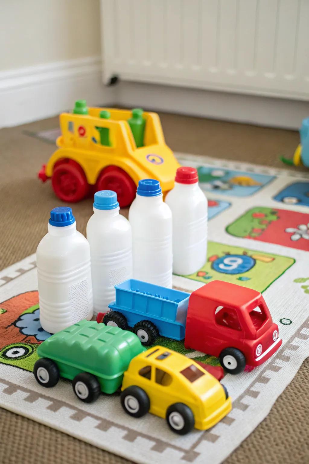 Let the races begin with playful toy cars crafted from milk bottles.