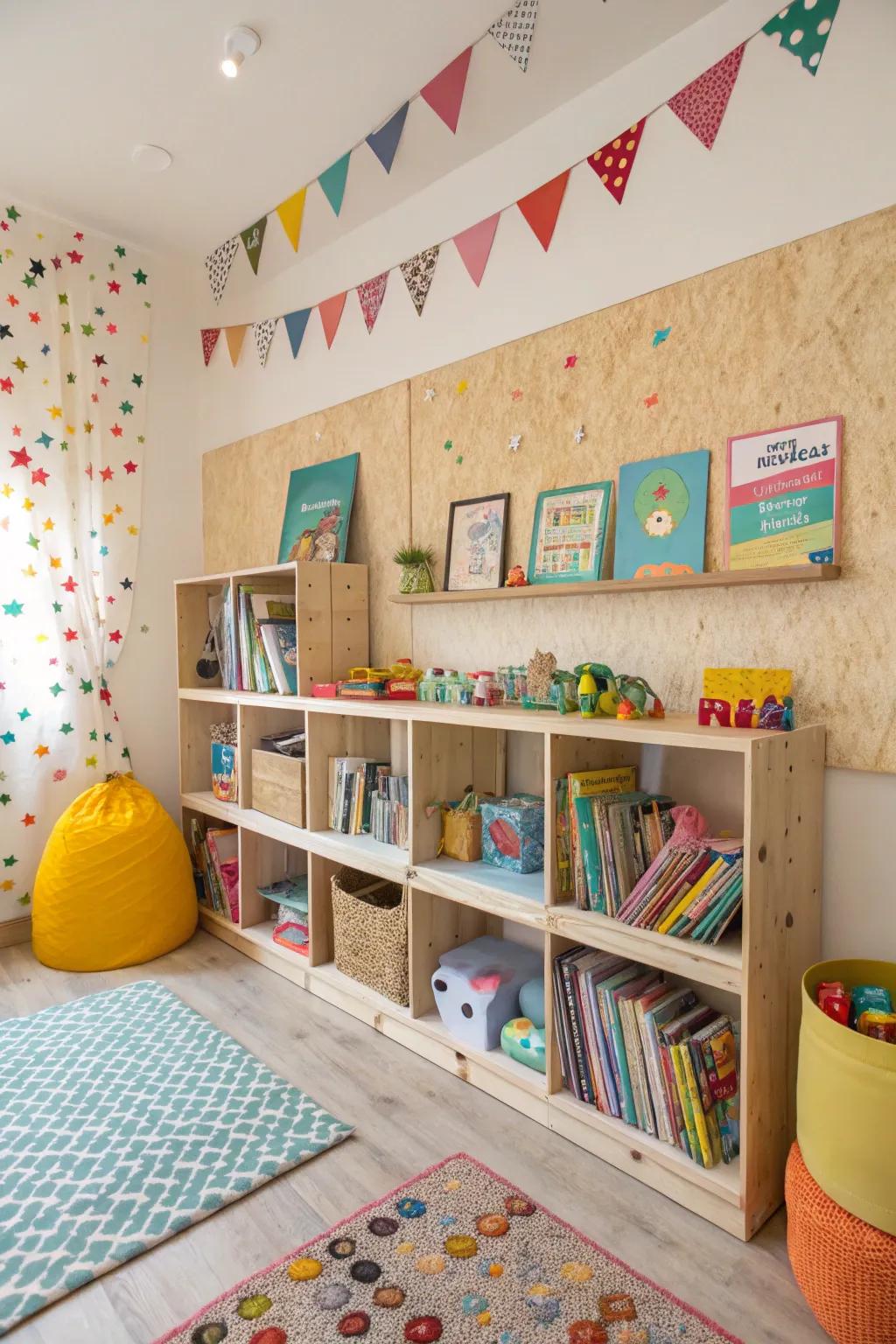 Bright shelves make organizing fun for kids.