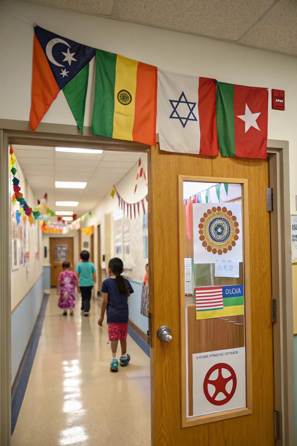 A cultural-themed door celebrates diversity and inclusivity.