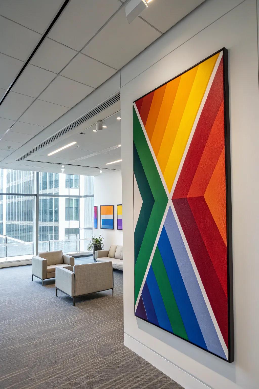 Geometric pride art adding a modern touch to an office.