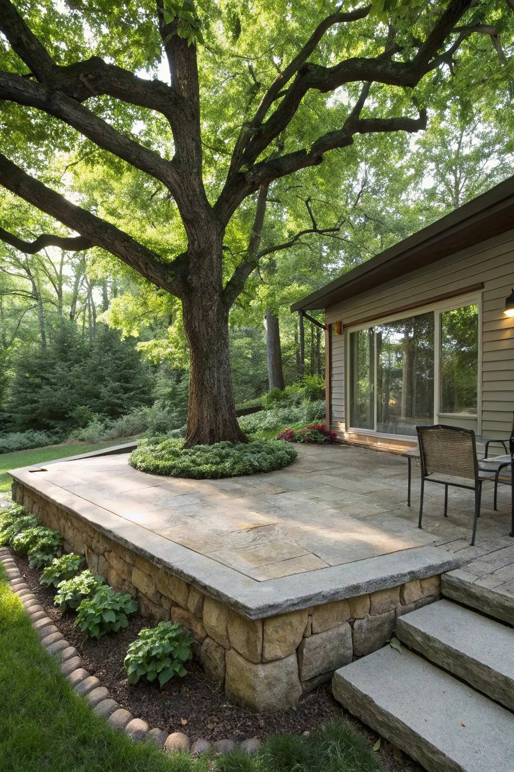 Integrating nature creates a harmonious blend on this raised concrete patio.