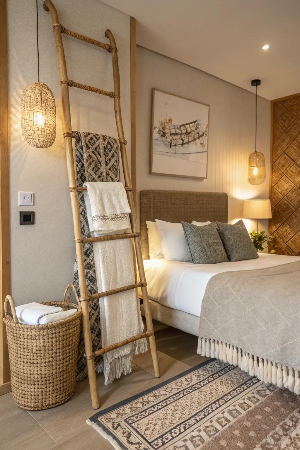 A rattan ladder adds elegance and practicality.