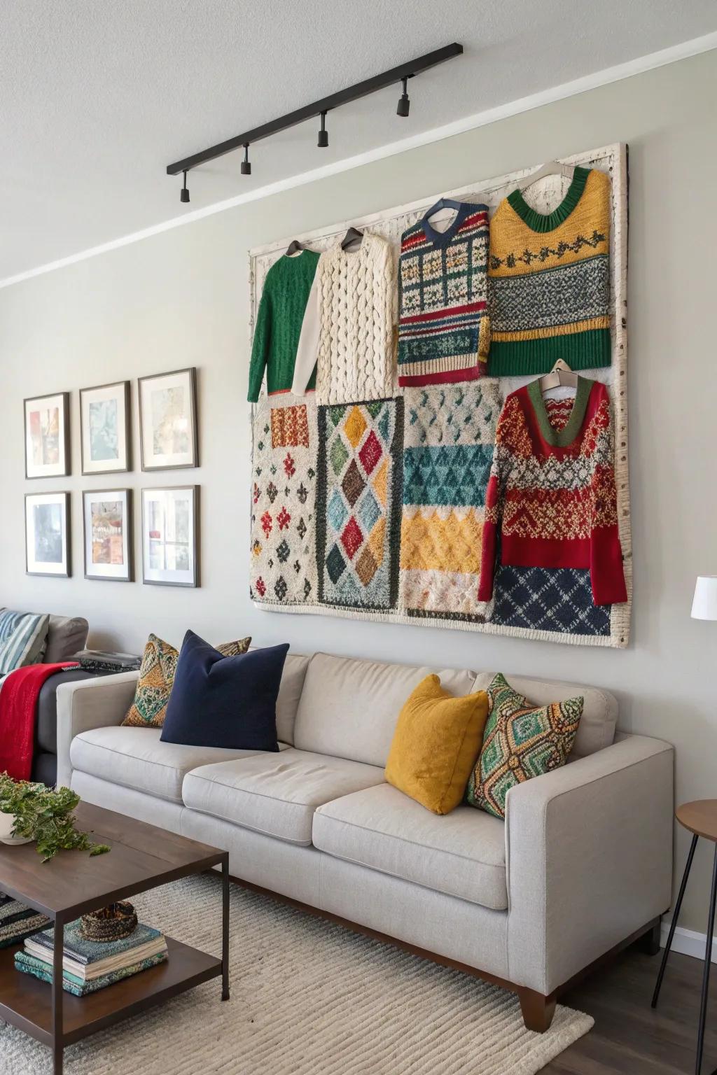 A unique wall art piece crafted from old sweaters adds texture and warmth.