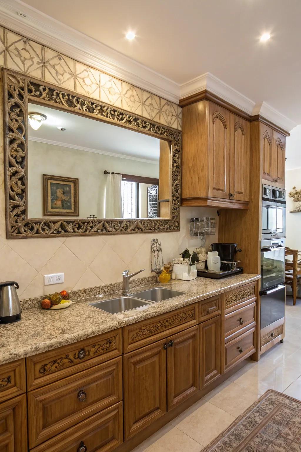 A mirror enhances light and space in a rental kitchen.