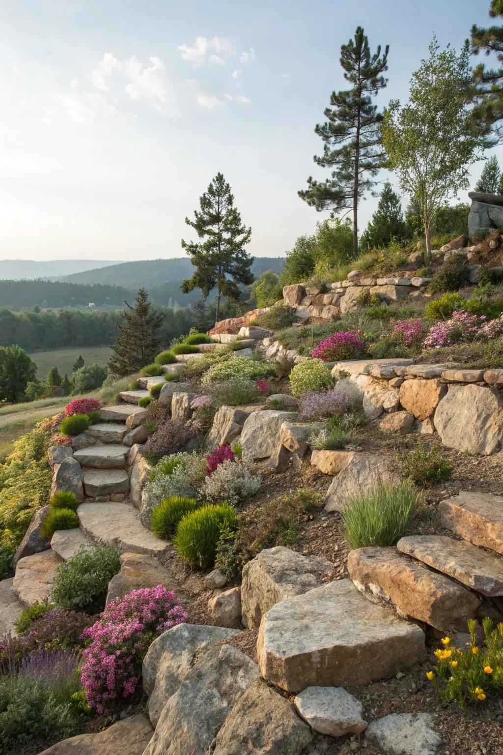 A tiered rock garden makes the most of a hillside.