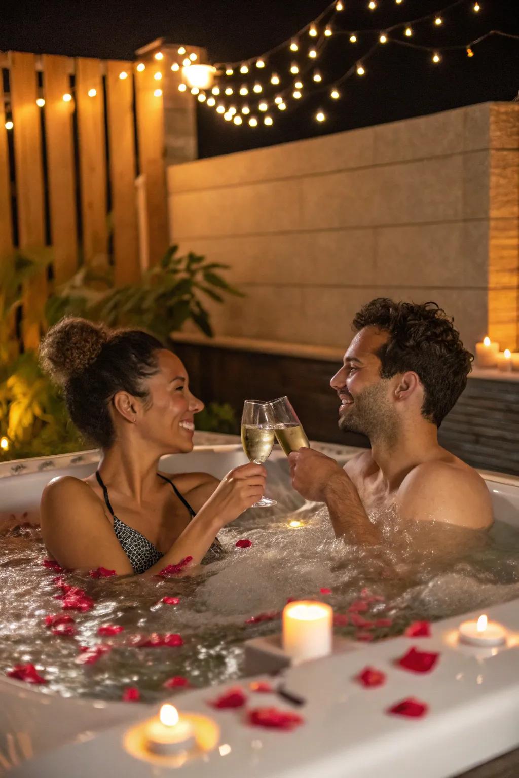 A toast to celebrate love and togetherness in the jacuzzi.