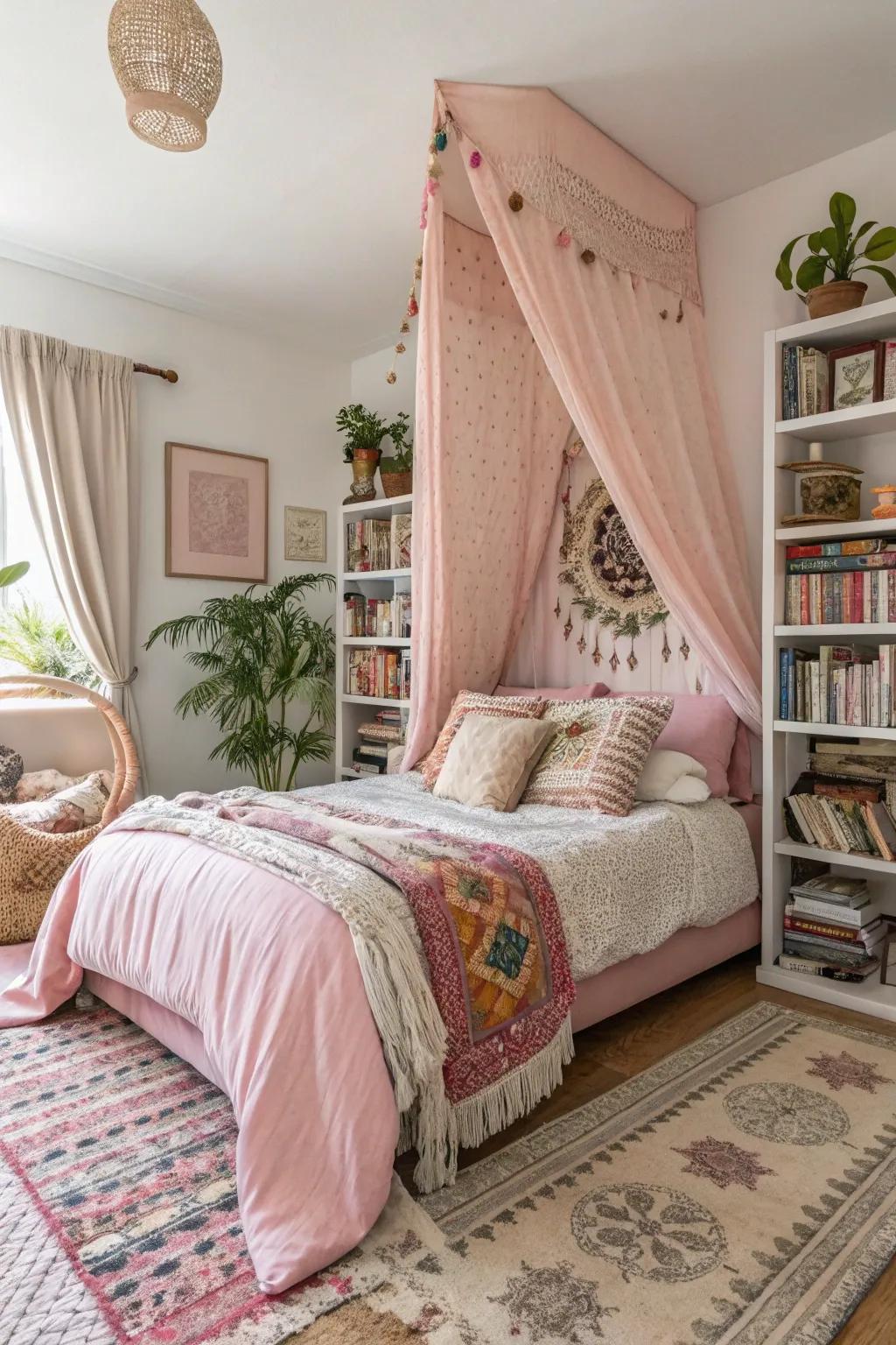 Bohemian oasis with pink layers and textures.