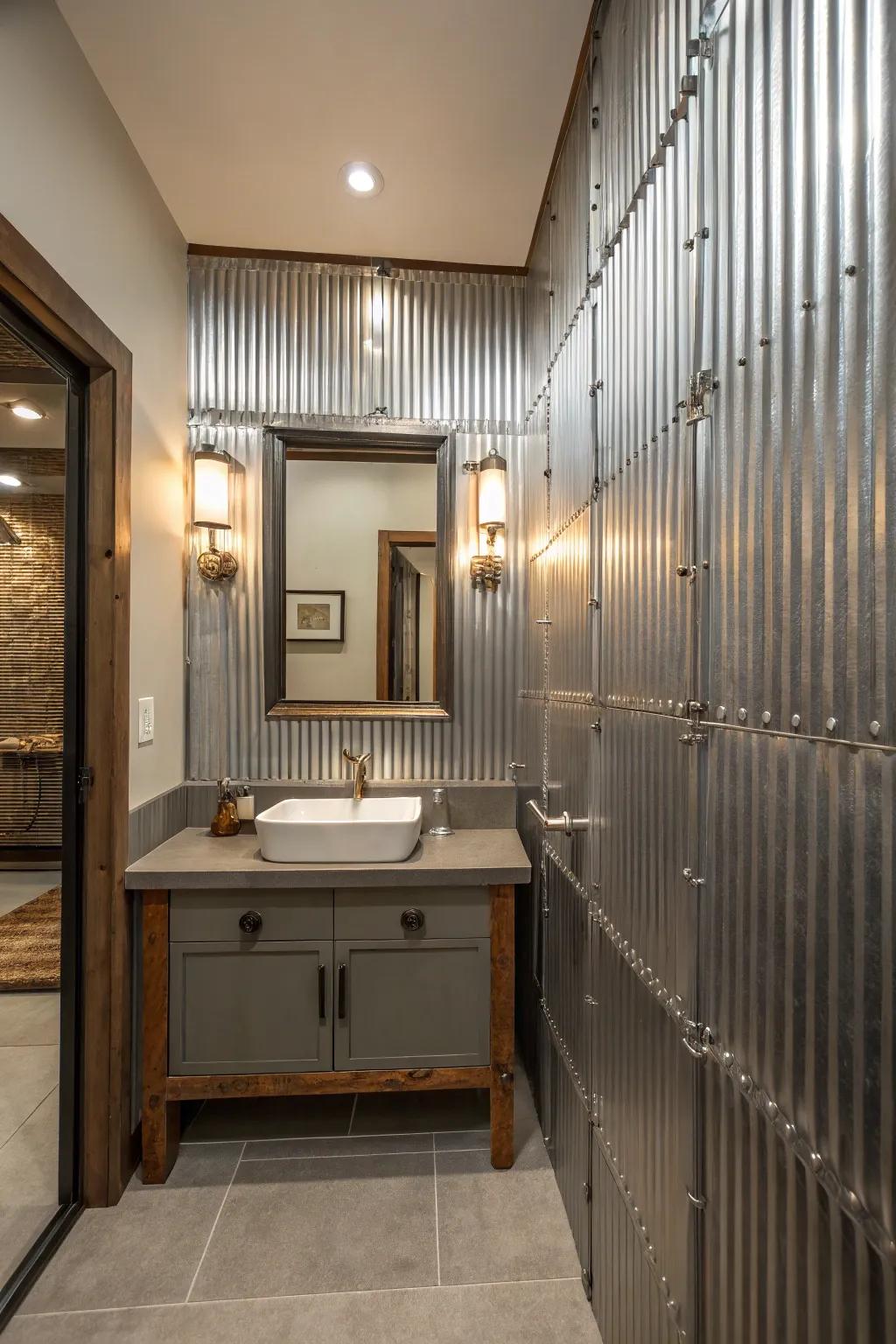 Decorative corrugated metal panels add texture and highlight specific areas in this bathroom.