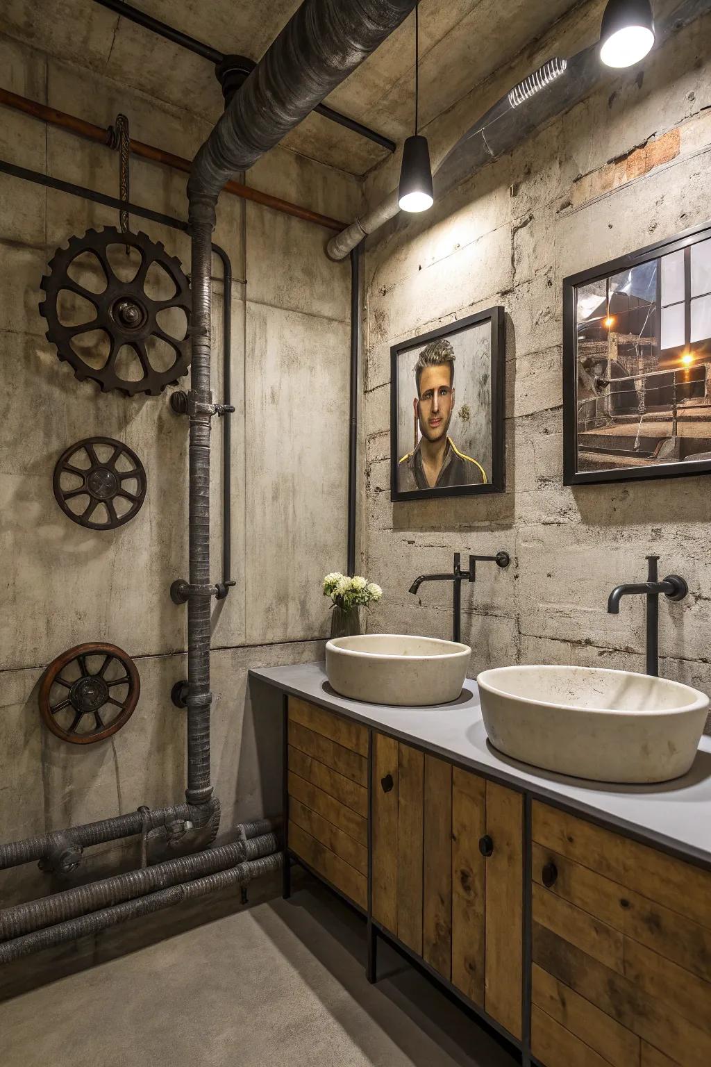 Industrial art adds a creative touch to bathroom designs.