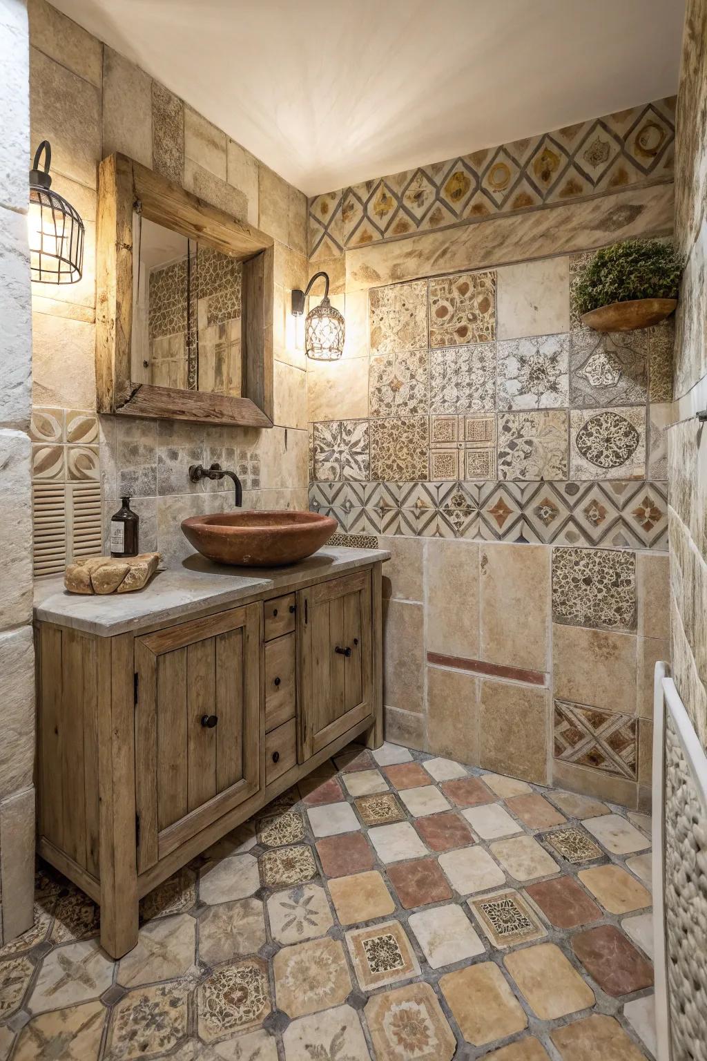 Mixing tile patterns introduces movement and interest in a travertine bathroom.