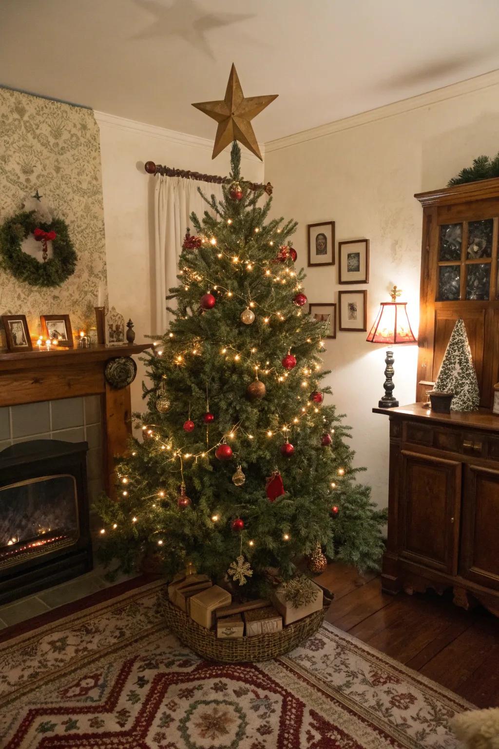 A distressed wooden star adds vintage charm to this rustic Christmas tree.