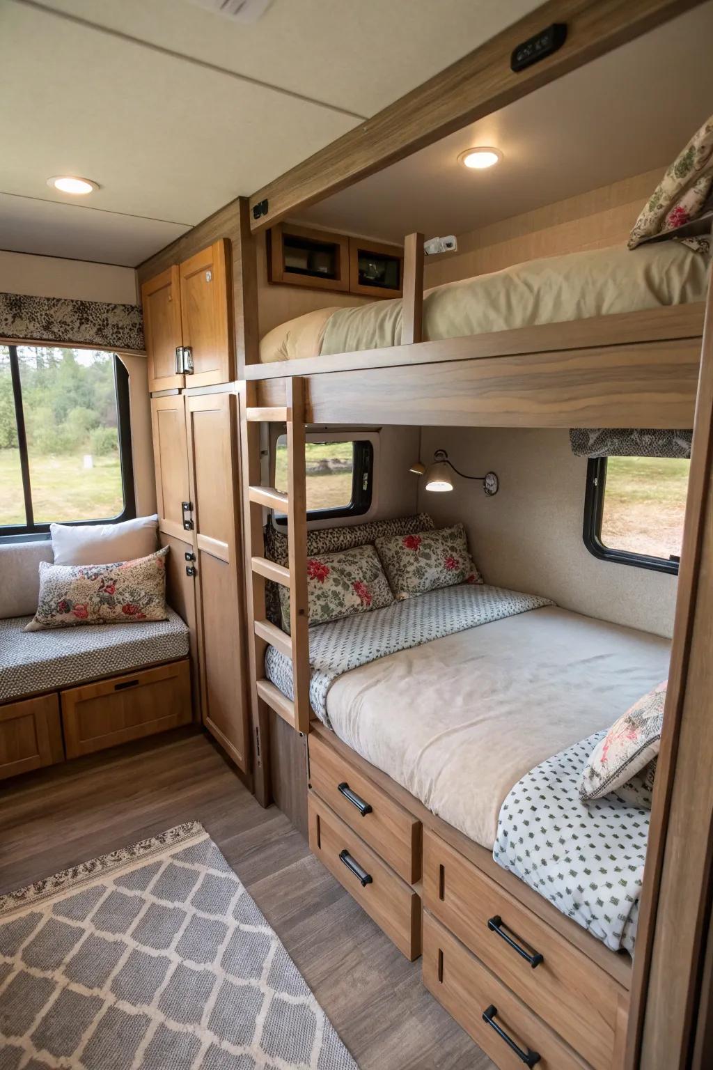 L-shaped bunk beds offer a smart solution for family travel.