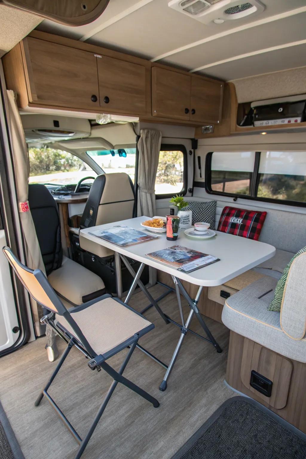 A folding table adds versatility to your RV, serving as both a dining and work surface.