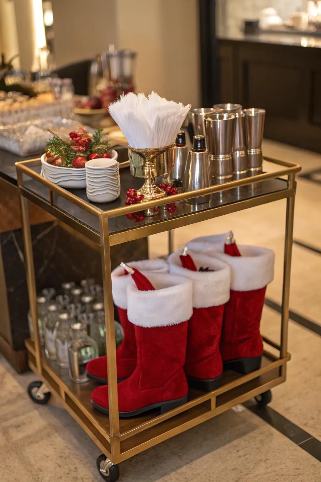 Serve drinks with festive flair using Santa boots.