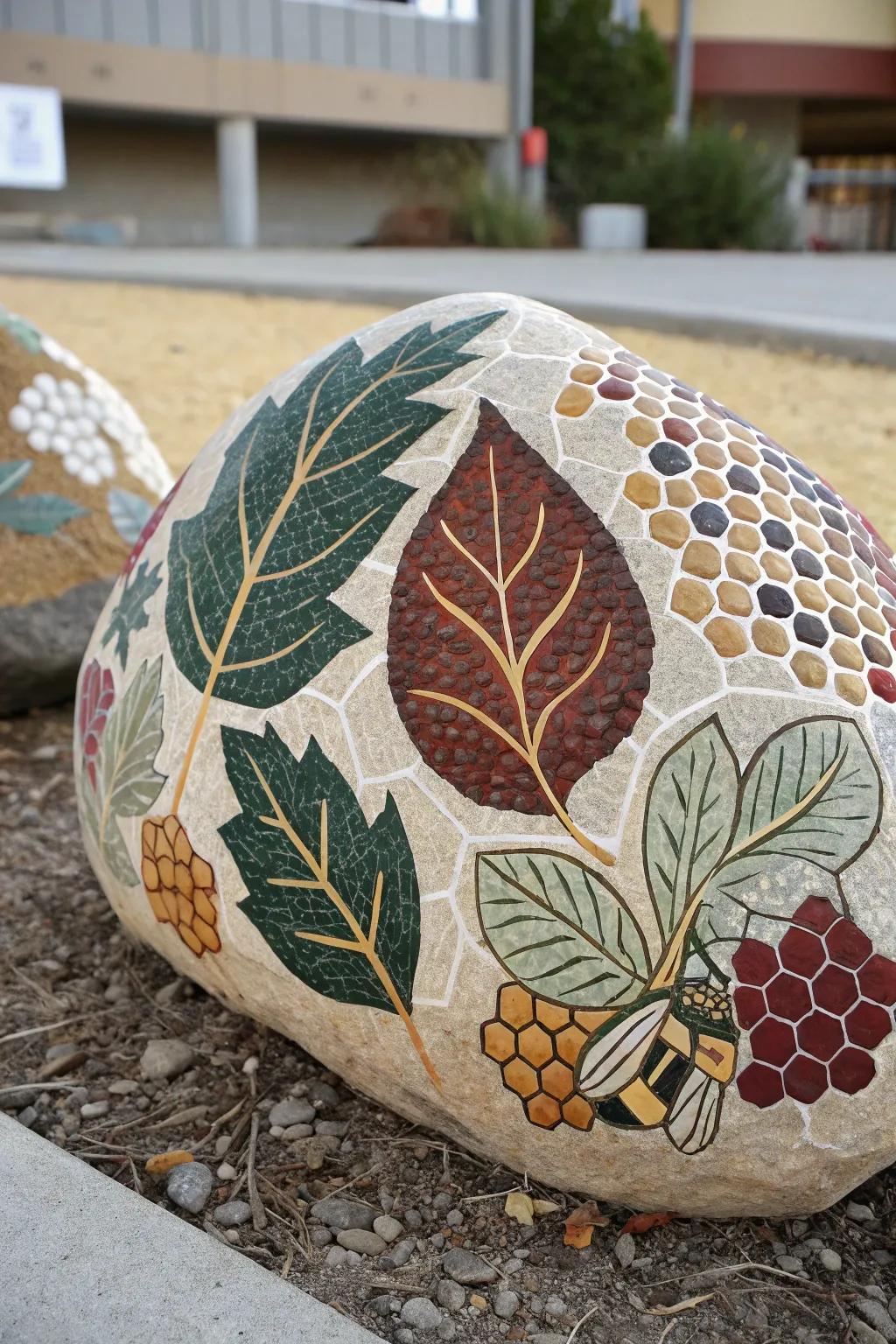 A rock painting inspired by the intricate patterns found in nature.