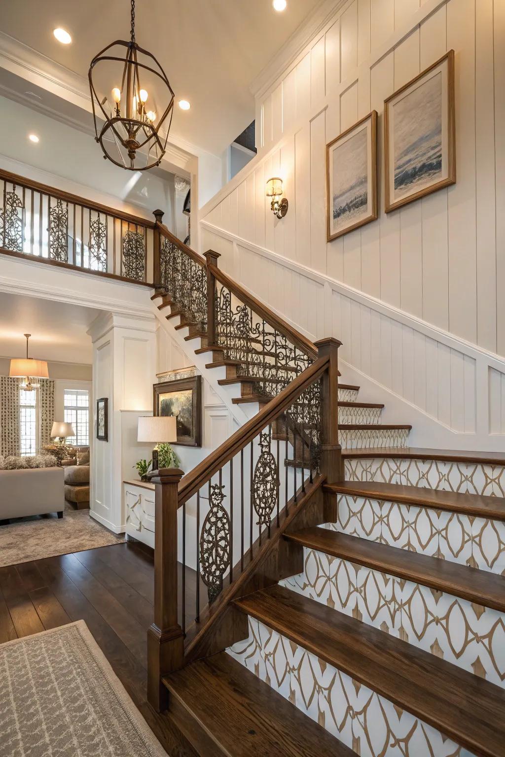 An elegant staircase enhanced by shiplap wainscoting.