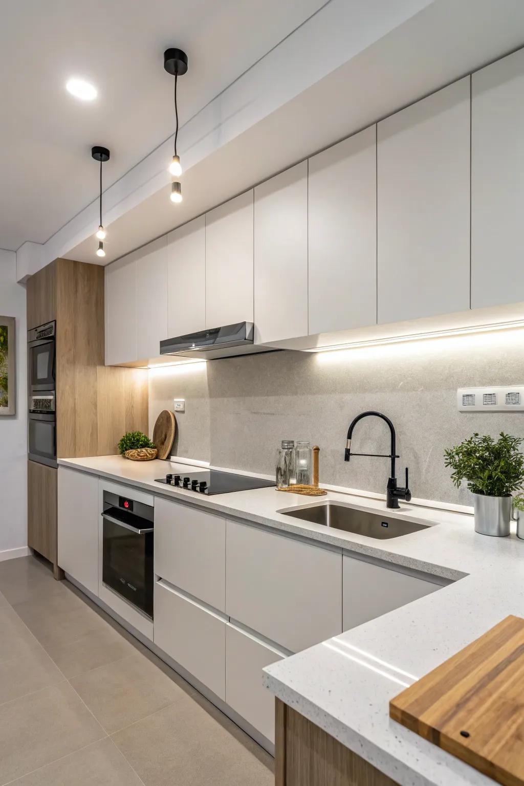 Solid surfaces create a seamless, minimalist look in this sleek kitchen.