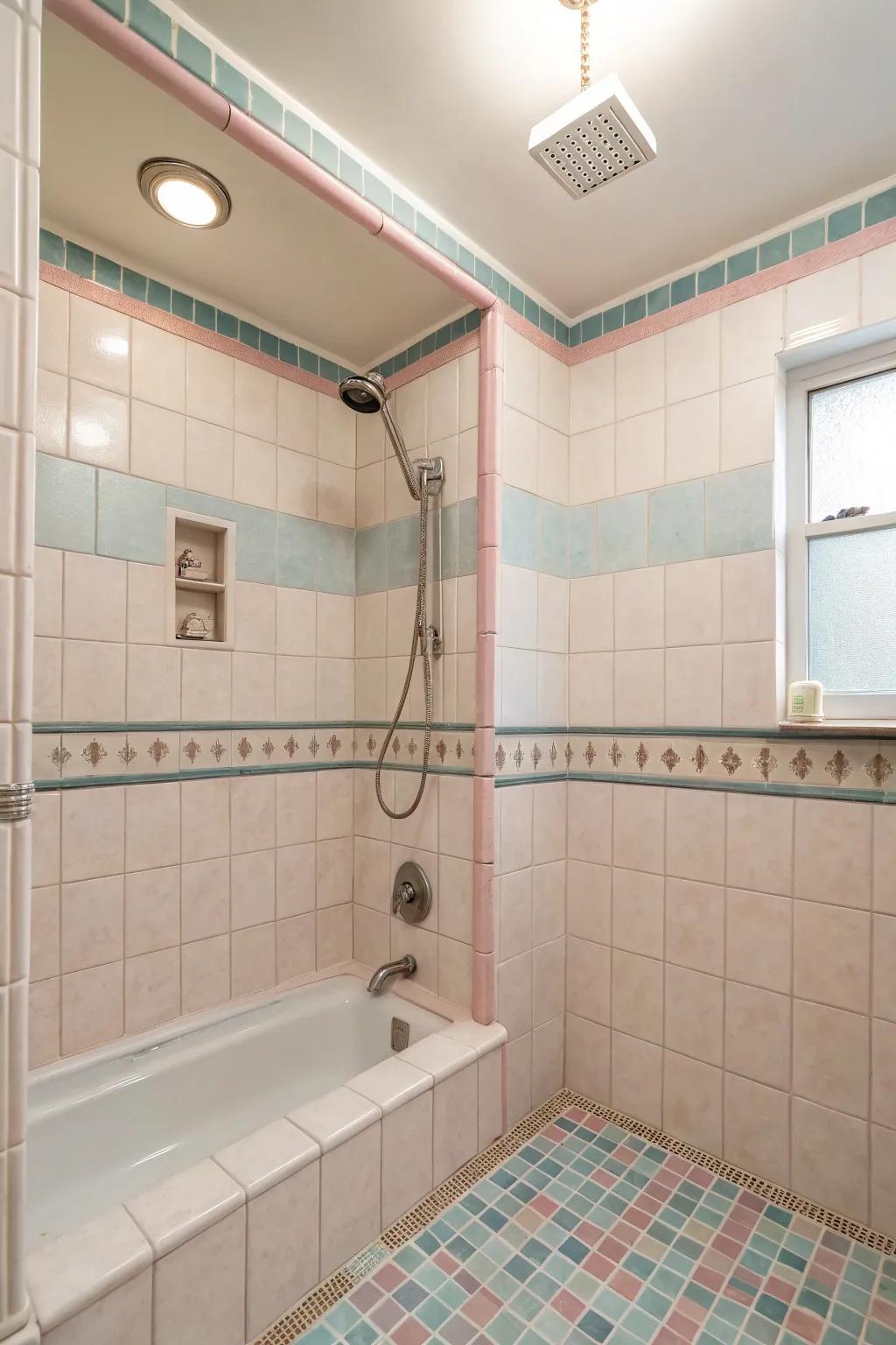 Soft pastels create a soothing and gentle atmosphere in shower borders.