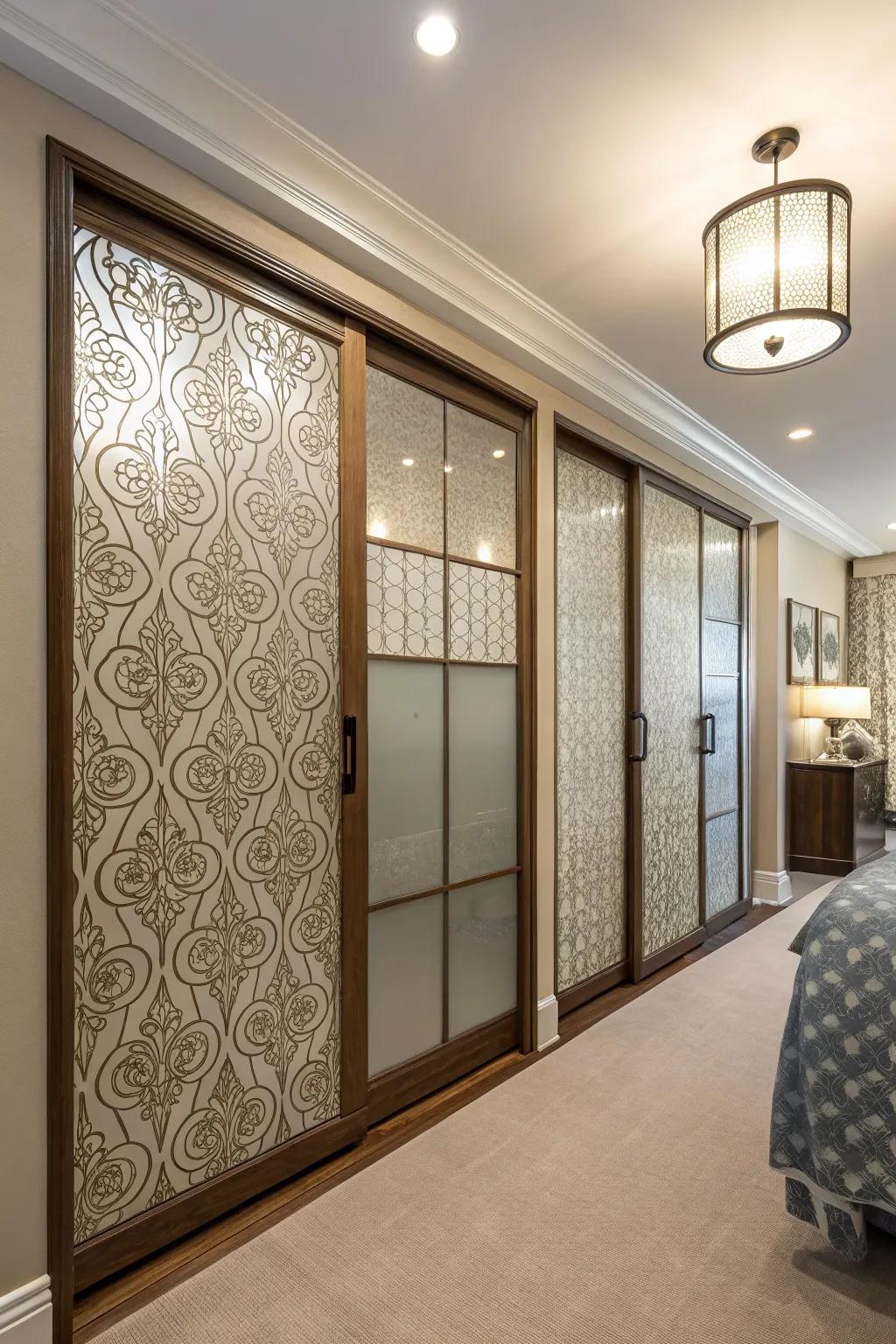 Patterned glass combines privacy with decorative flair.