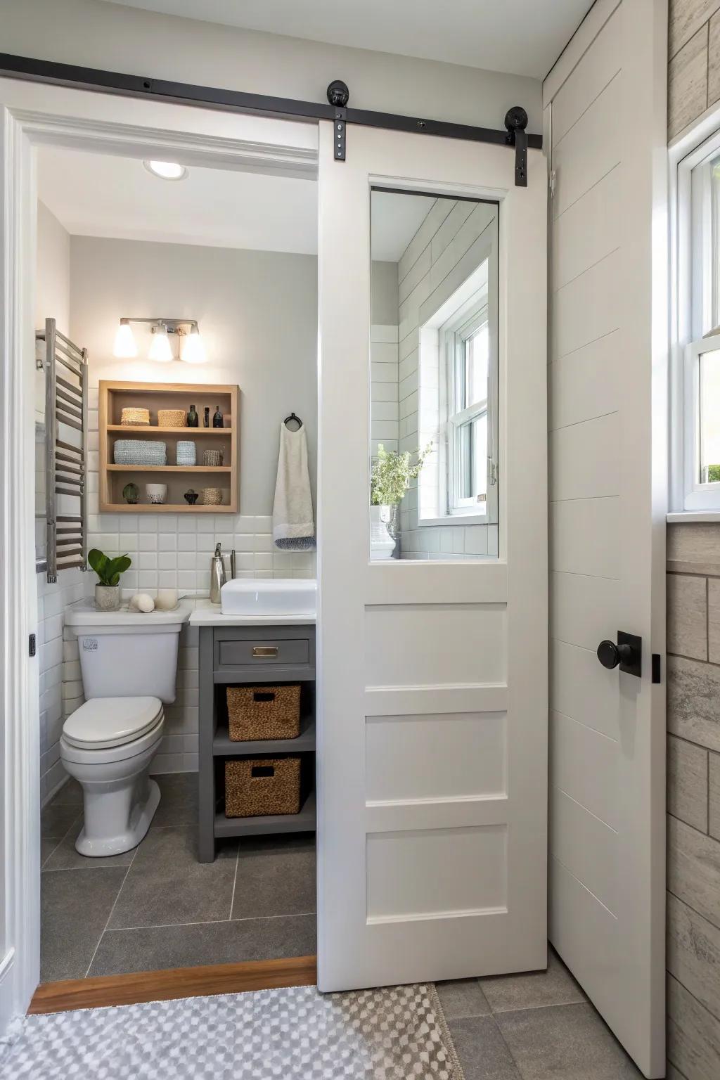 Pocket doors offer a sleek solution to maximize bathroom space.