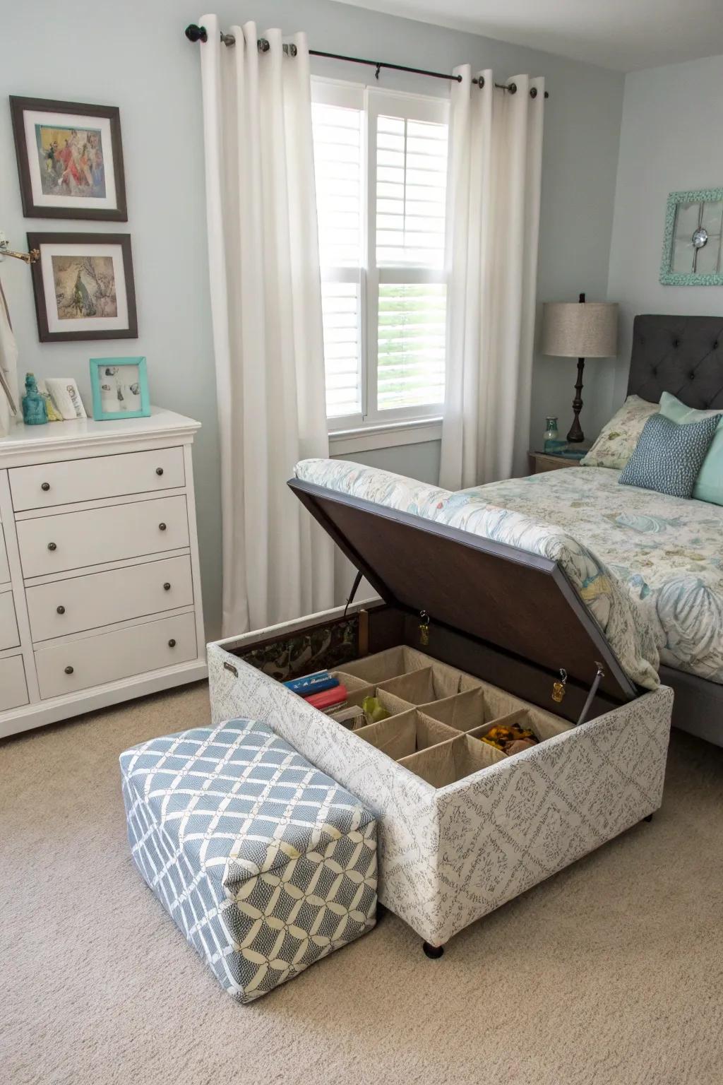 Hidden storage solutions keep your bedroom organized and clutter-free.