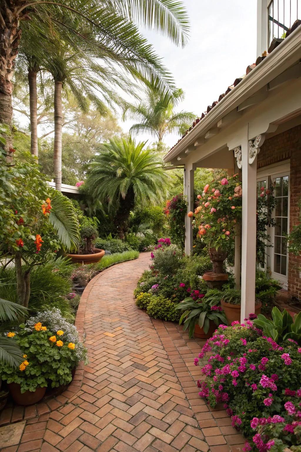 A brick patio with tropical plants and vibrant flowers.