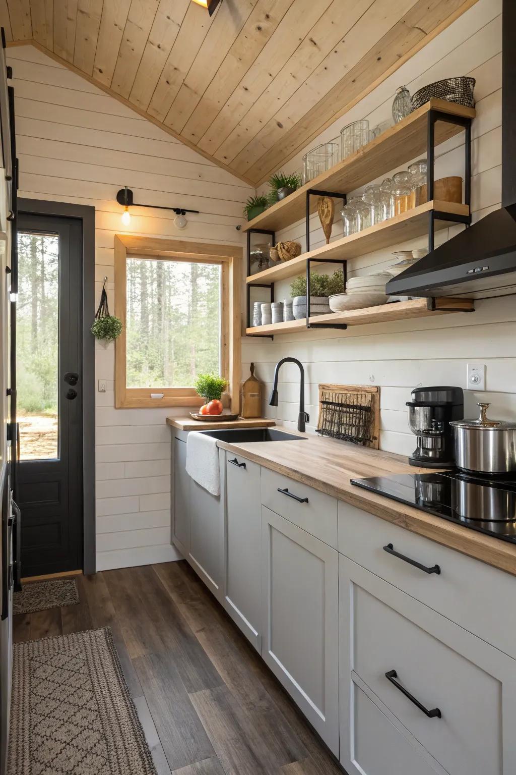 A minimalist kitchen keeps the cabin tidy and functional.