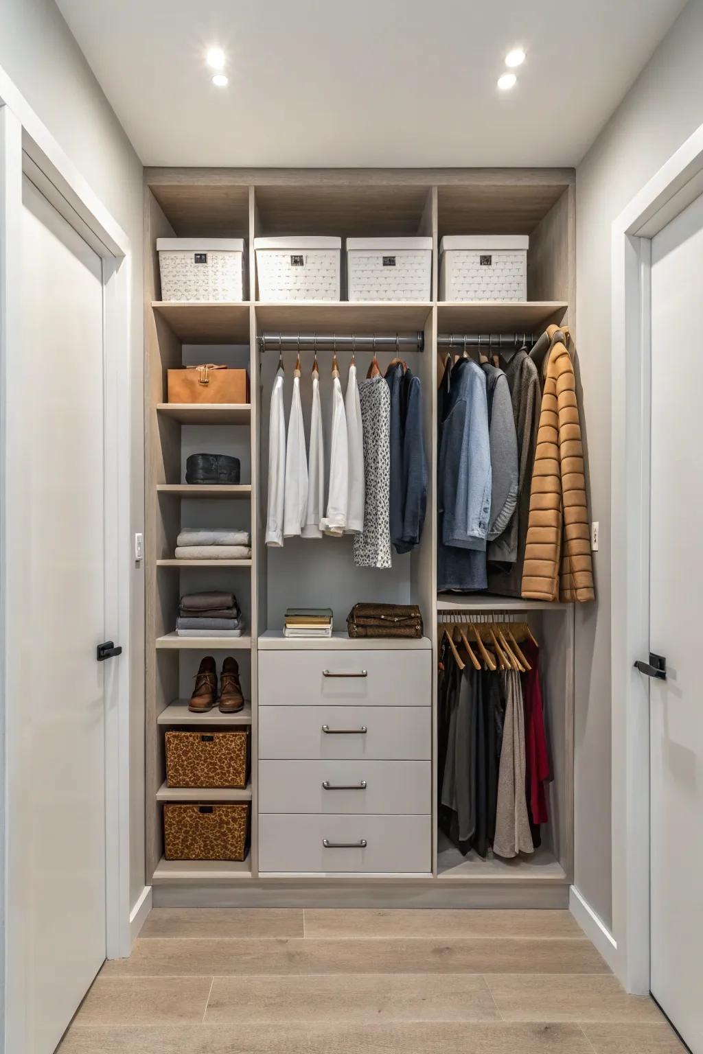 Modular closet systems offer customizable storage solutions.