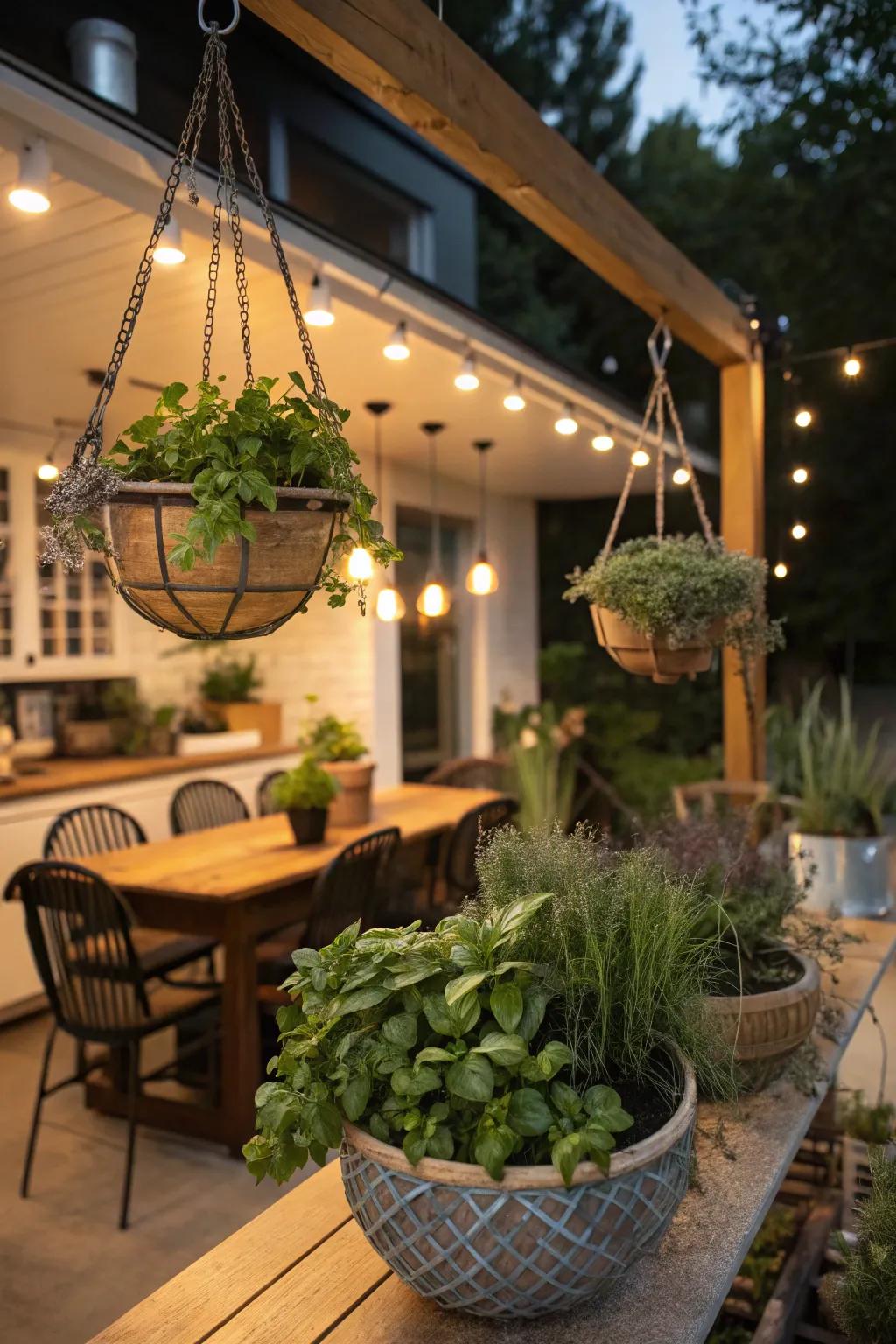 Greenery adds life and freshness to outdoor cooking spaces.