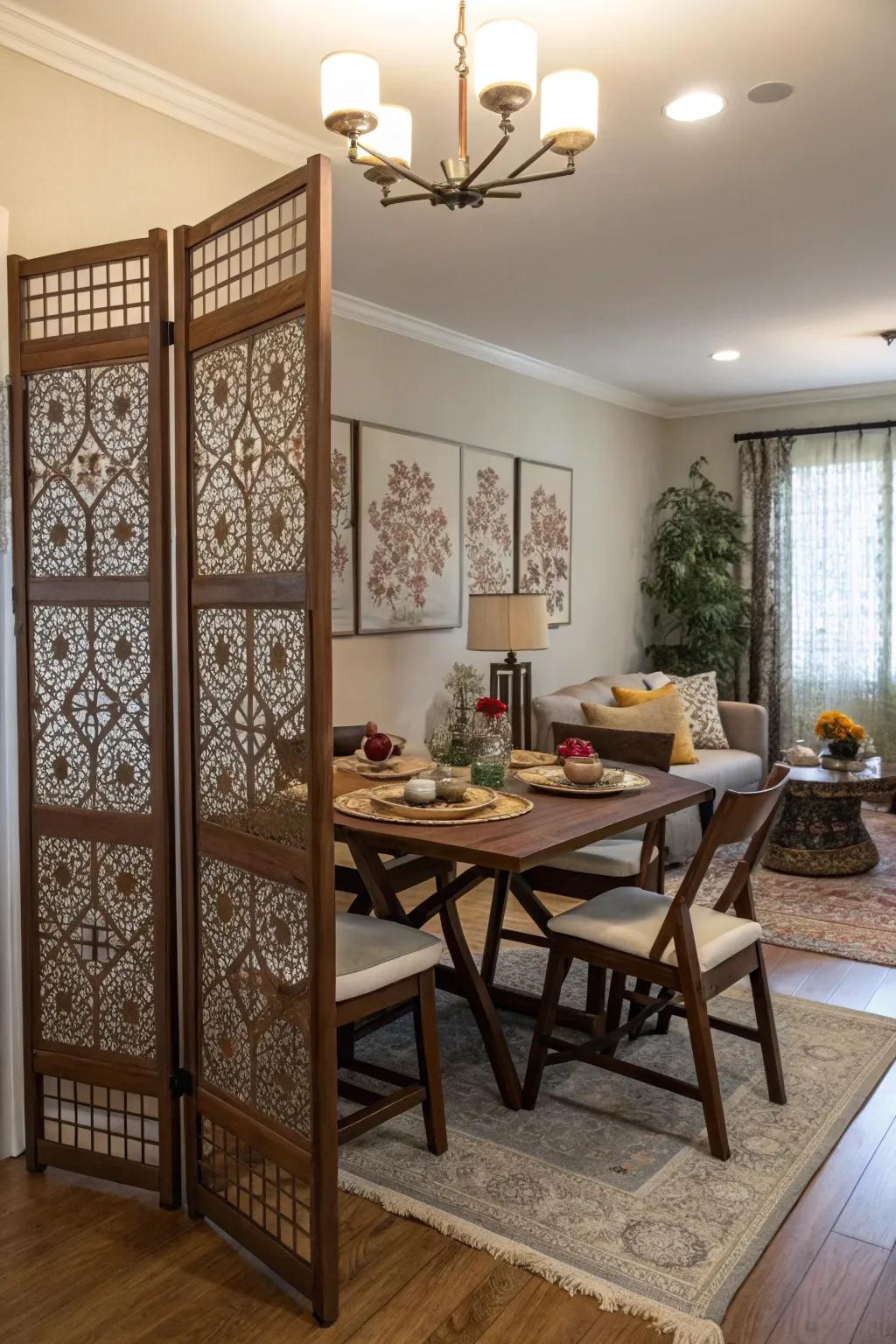 Folding screens elegantly define and separate spaces.