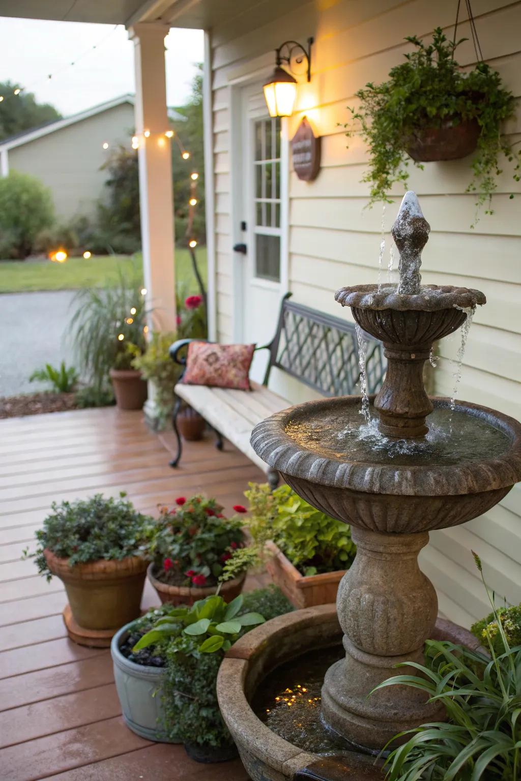 A water feature introduces tranquility.