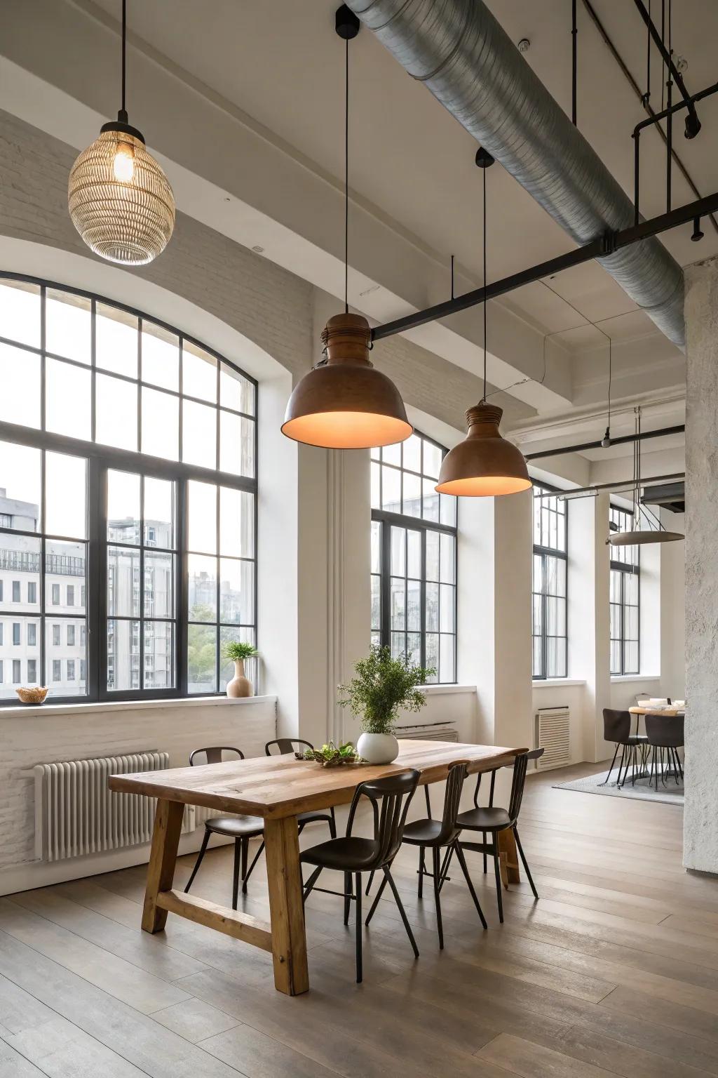 Stylish pendant lights adding elegance and focus to a loft.