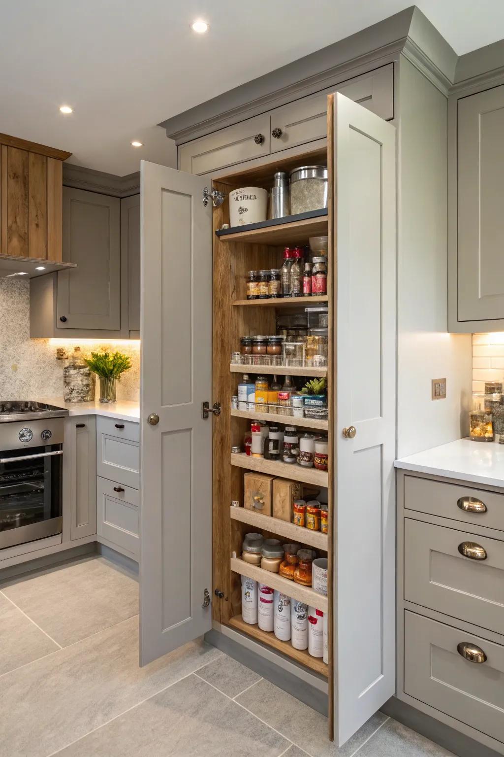 Hidden storage in cabinets keeps pantry items out of sight.