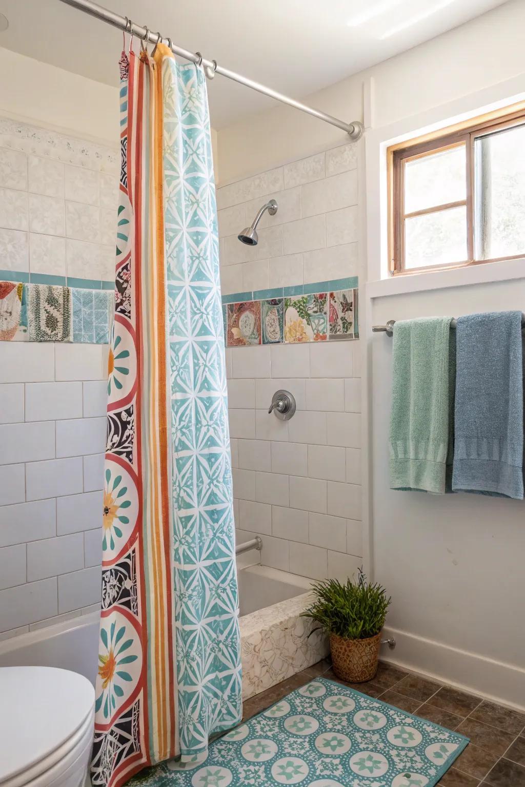 A small shower with a decorative curtain for added flair.