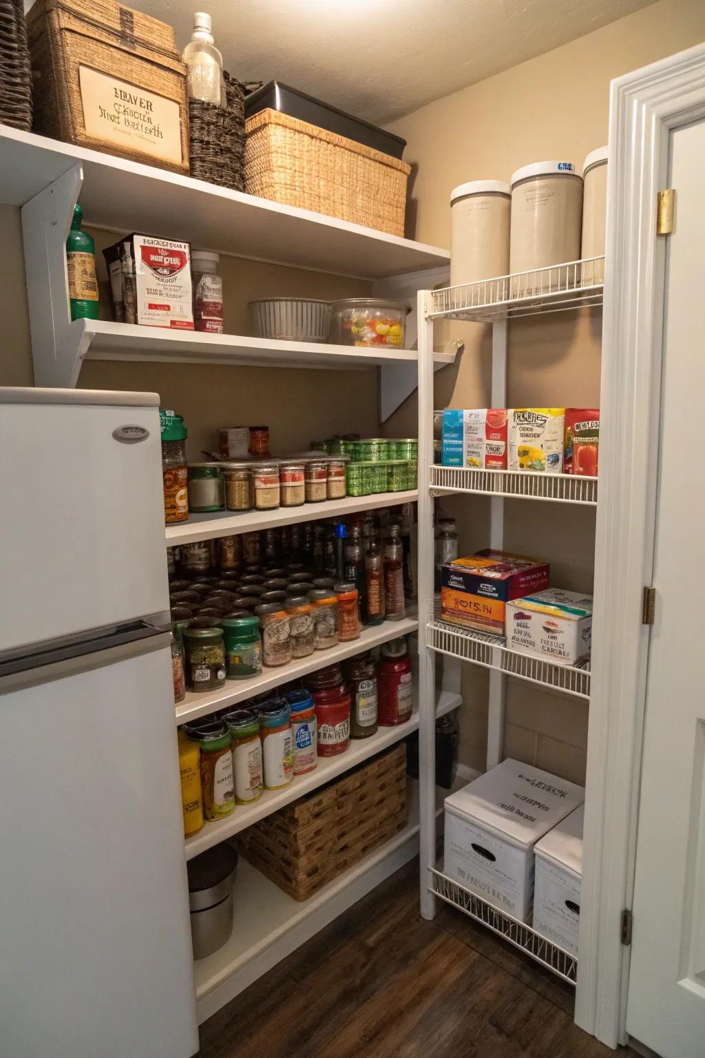 A mini fridge offers additional cooling space in the pantry.