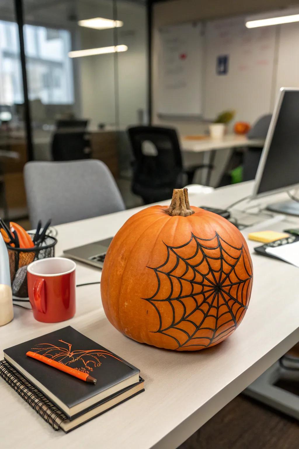 A pumpkin with a spray-painted spider web silhouette.